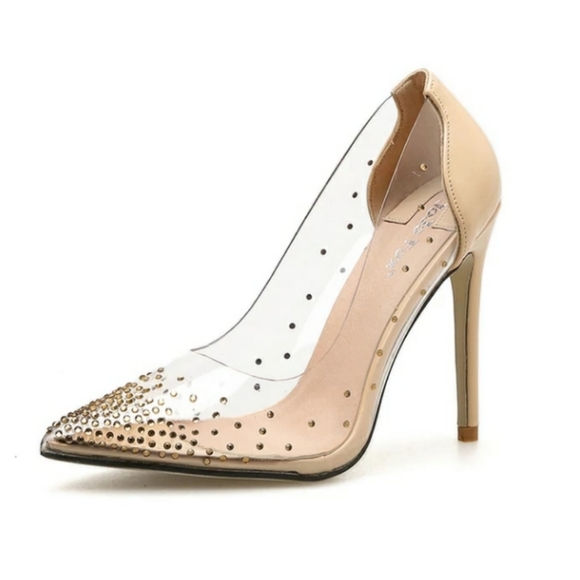 NWT Hollywood Champagne Crystal Encrusted Nude High Heels Pumps Shoes - Picture 6 of 9